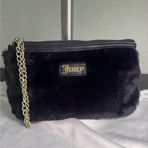 Juicy Couture Black Faux Fur Wristlet with Gold Chain Strap